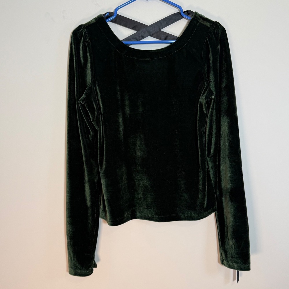 Anthropologie Green Velvet Ribbon Trimmed Open Back Long Sleeve Top Womens Small